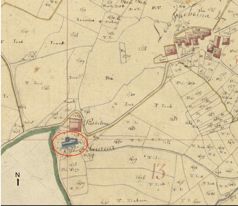 Plan de masse et de situation d'après le cadastre de 1812 (section A, parcelle 1636). Echelle d'origine 1/2500.
