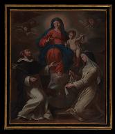Tableau, cadre : Donation du rosaire à saint Dominique de Guzman et à sainte Catherine de Sienne