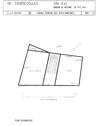 Maison (2023 B 743-744). Plan schématique figurant l'escalier central tournant à retour.