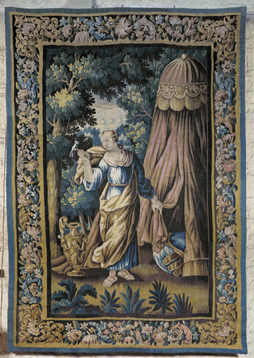 ensemble de 7 tentures d'église (tapisseries à bordure) : Jahel un marteau à la main, Judith tenant d'une main un glaive, de l'autre la tête d'Holopherne, Esther couronnée de roses, Eliezer et Rebecca au puits, Le retour du jeune Tobie, Moïse sauvé des eaux, Verdure