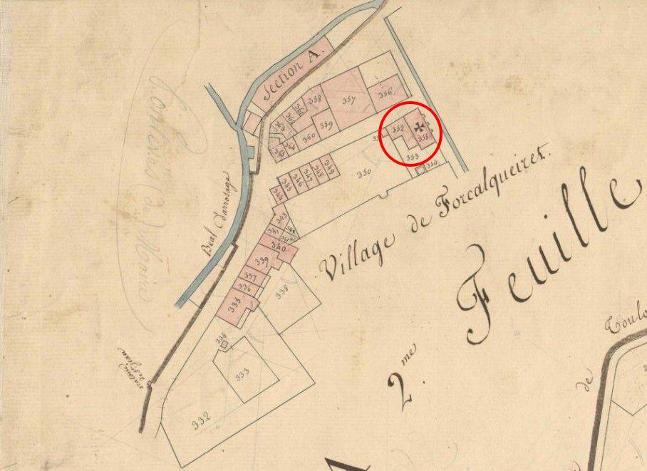 Plan de masse et de situation de la première église paroissiale du village de plaine d'après le cadastre de 1830-1831 (section D2, parcelle 355).