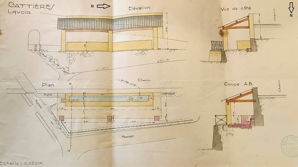Projet de lavoir. Plan, coupe, élévation, 1928.