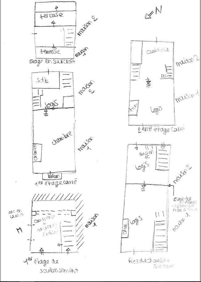 Relevé avec plan de distribution des différents niveaux de la maison.