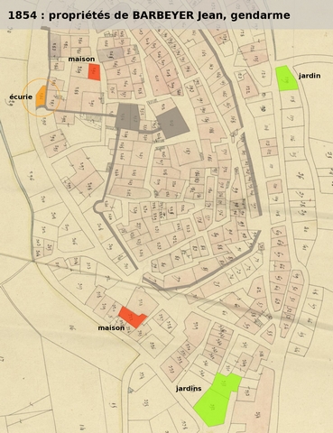 Propriétés du gendarme Jean Barbeyer en 1854, reportées sur le cadastre de 1839 (section F1). Echelle d'origine 1/1 000e.