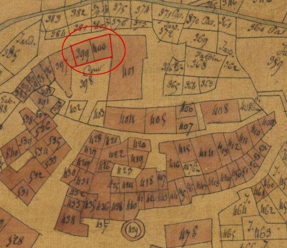 Plan de masse et de situation d'après le plan cadastral de 1823, section E2. Echelle d'origine 1/1250e.