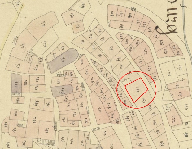 Plan de masse d'après le plan cadastral de 1839, section F1. Echelle d'origine 1/1000e.