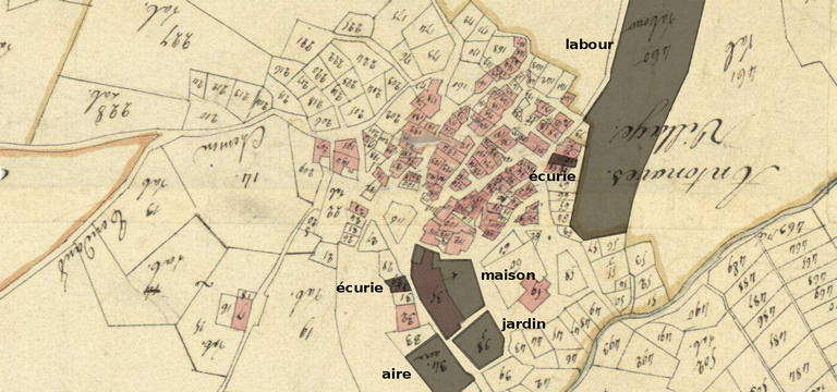 Propriétés du notaire Abel en 1827 d’après le plan cadastral, section A.