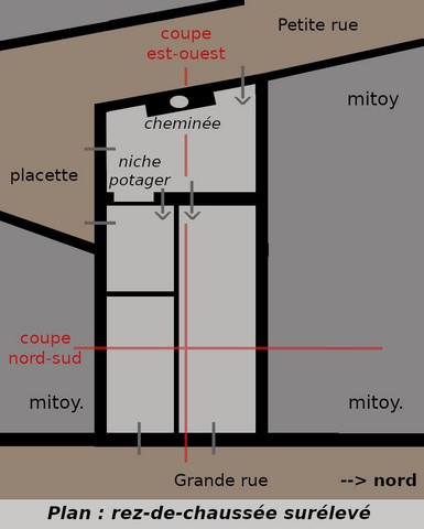 Plan schématique du bâtiment : rez-de-chaussée surélevé.