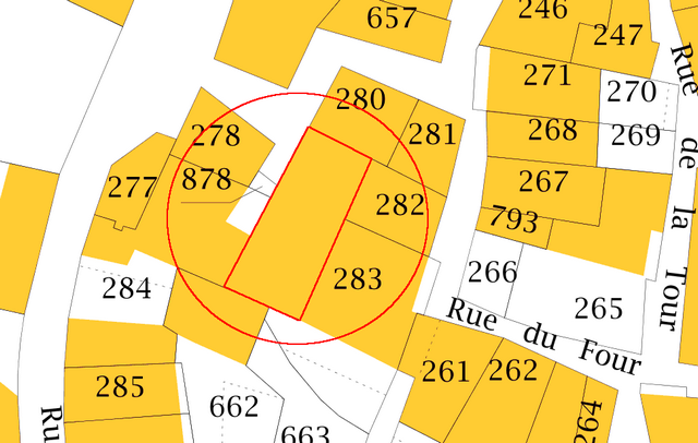 Plan de masse, d'après le cadastre de 2021 (section 000F). Echelle d'origine 1/500e.