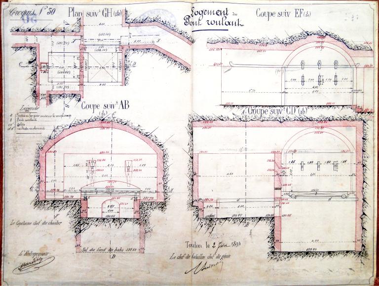 Logement du pont roulant. [Fort du Pipaudon. Plan et coupes du dispositif du pont roulant à l'entrée de la rampe casematée en caverne, derrière la porte du fort.], 2 juin 1894.