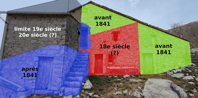 Mur pignon est. Restitution chronologique hypothétique par colorisation. 