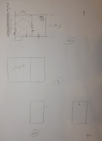 Plans schématiques du bâtiment. De haut en bas : rez-de-chaussée, étage, étage de comble, toit.