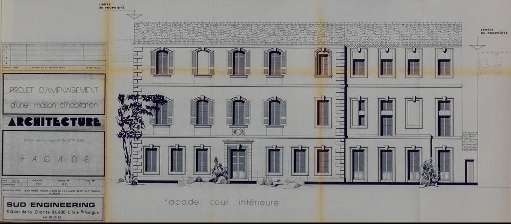 Projet d'aménagement d'une maison, maître de l'ouvrage Mr et Mme Juge, façade [sur jardin], 1978.