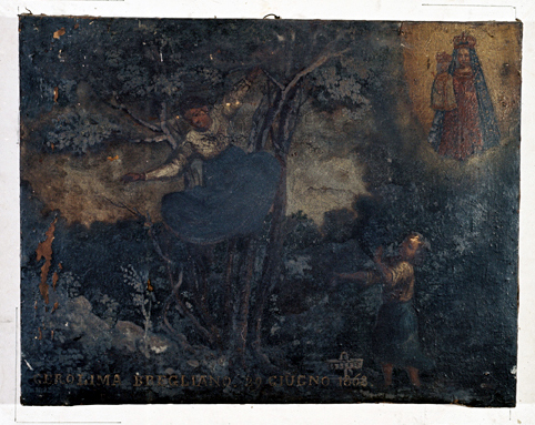 ex-voto, tableau : Chute d'une femme tombant d'un arbre, Gerolina Bregliano