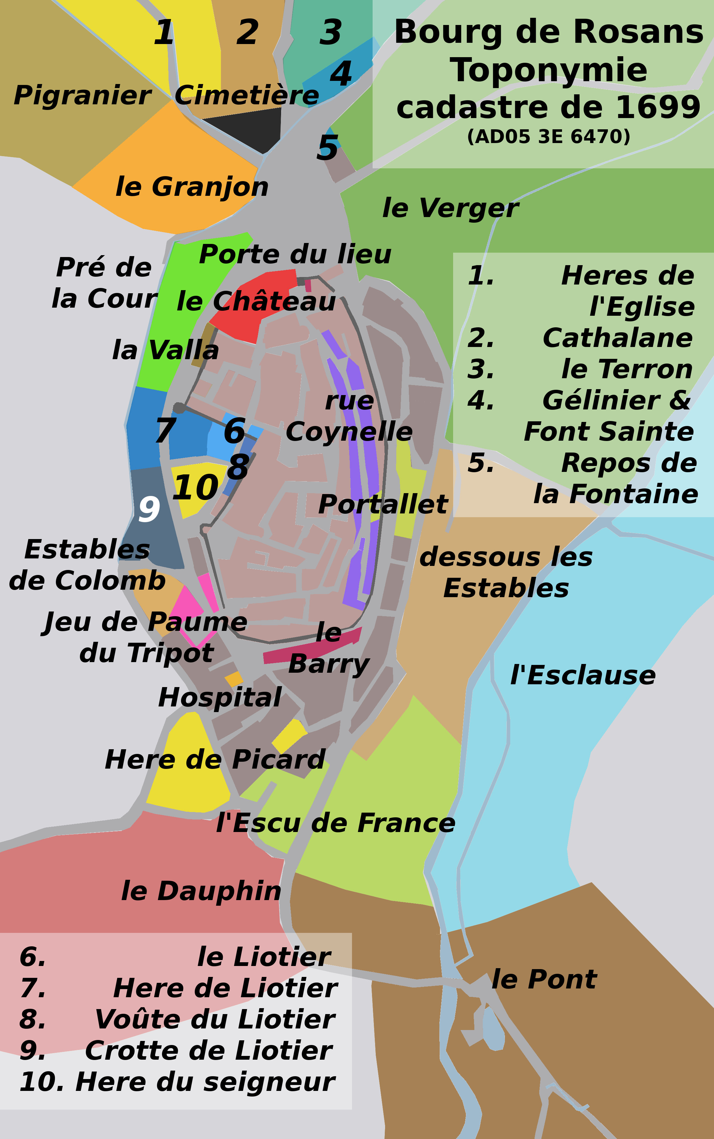 Bourg de Rosans. Toponymes mentionnés dans le cadastre de 1699 (AD05 3E 6470).
