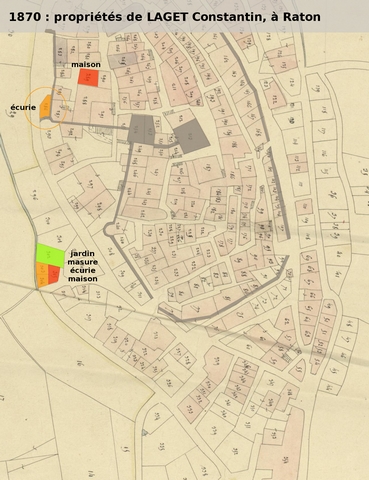 Propriétés de Constantin Laget en 1870, , reportées sur le cadastre de 1839 (section F1). Echelle d'origine 1/1 000e.