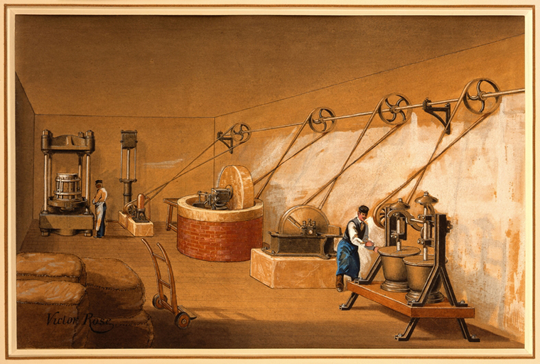 Atelier de parfumerie comportant des presses hydrauliques et une meule de moulin fonctionnant grâce à une machine à vapeur.