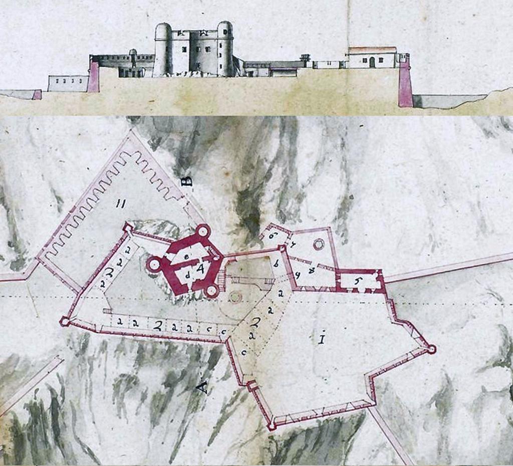 [Plan et profil du corps de place du fort de Ratonneau, détails d'une planche], 1702.