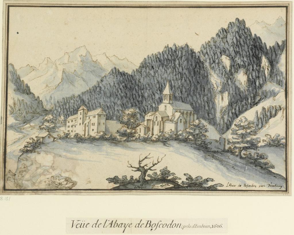 Vüe de l'Abaye de Boscodon près d'Embrun, 1606.