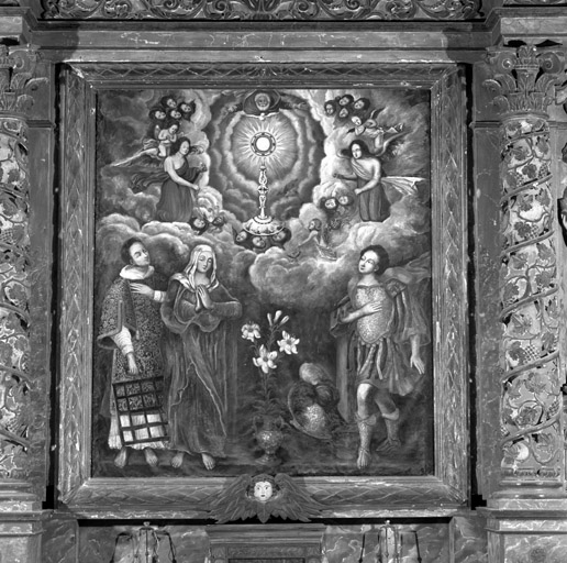 tableau d'autel et son cadre : Adoration du Saint Sacrement, la Vierge, saint Laurent et saint Pancrace