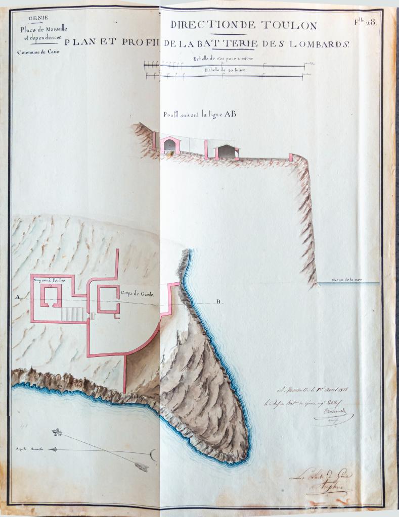 Plan et profils de la batterie des Lombards, 1818.