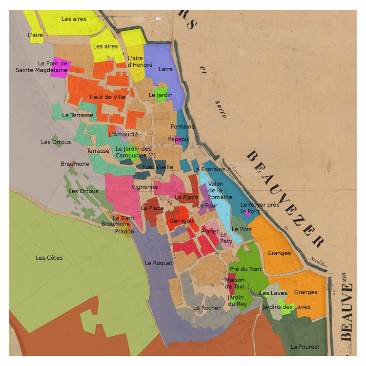 Extrait du plan cadastral de 1830 avec report des toponymes de l'état de section.