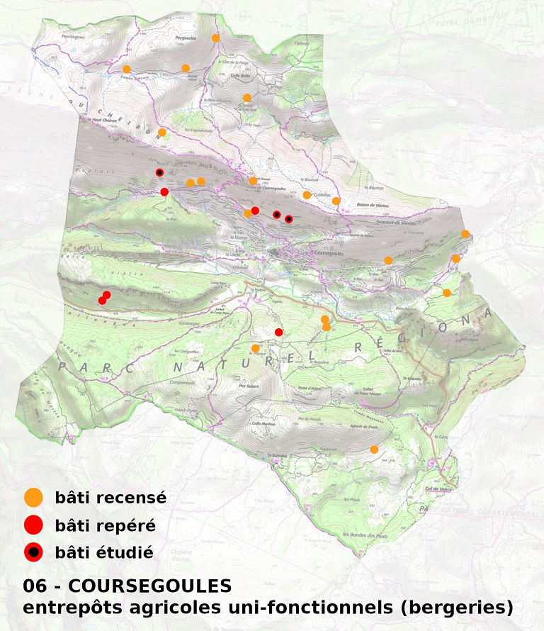 Localisation des bergeries recensées, repérées et étudiées sur le territoire de Coursegoules.