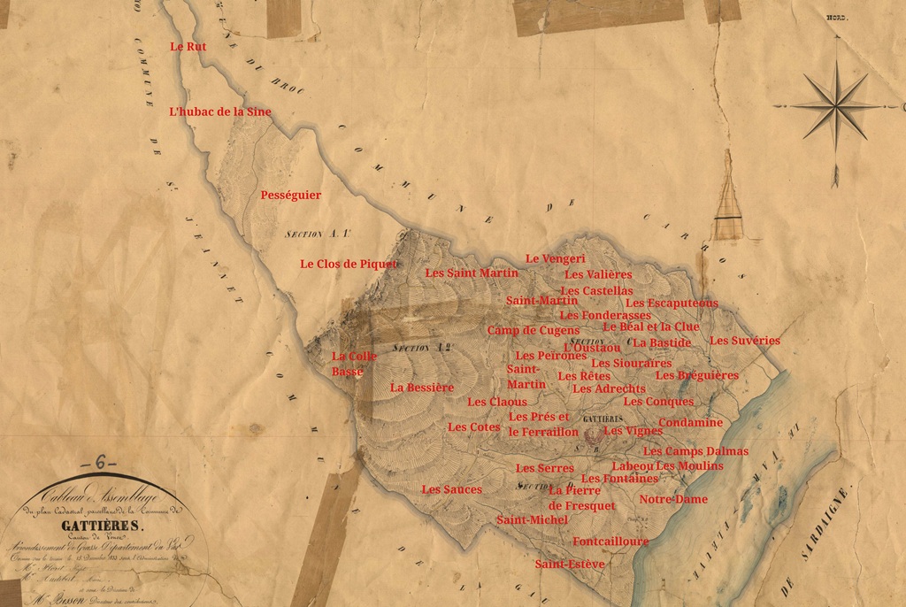 Tableau d'assemblage du cadastre de 1833 de la commune de Gattières figurant les toponymes de chaque quartier. 