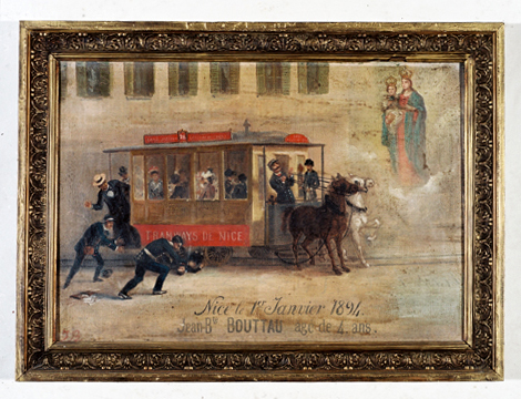 Premier tramway de Nice tiré par des chevaux.