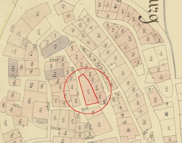Plan de masse, d'après le cadastre de 1839 (section F1). Echelle d'origine 1/1 000e.