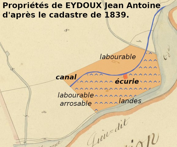 Propriétés de Jean-Antoine Eydoux en 1839, reportées sur le cadastre de 1839 (section G12). Echelle d'origine 1/2 000e.