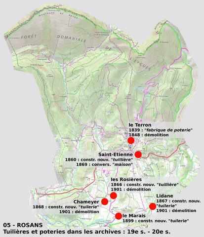Commune de Rosans. Localisation des tuileries et poteries mentionnées dans les archives (du 19e siècle au 20e siècle), reportées sur la carte IGN (échelle d'origine 1/25 000e).
