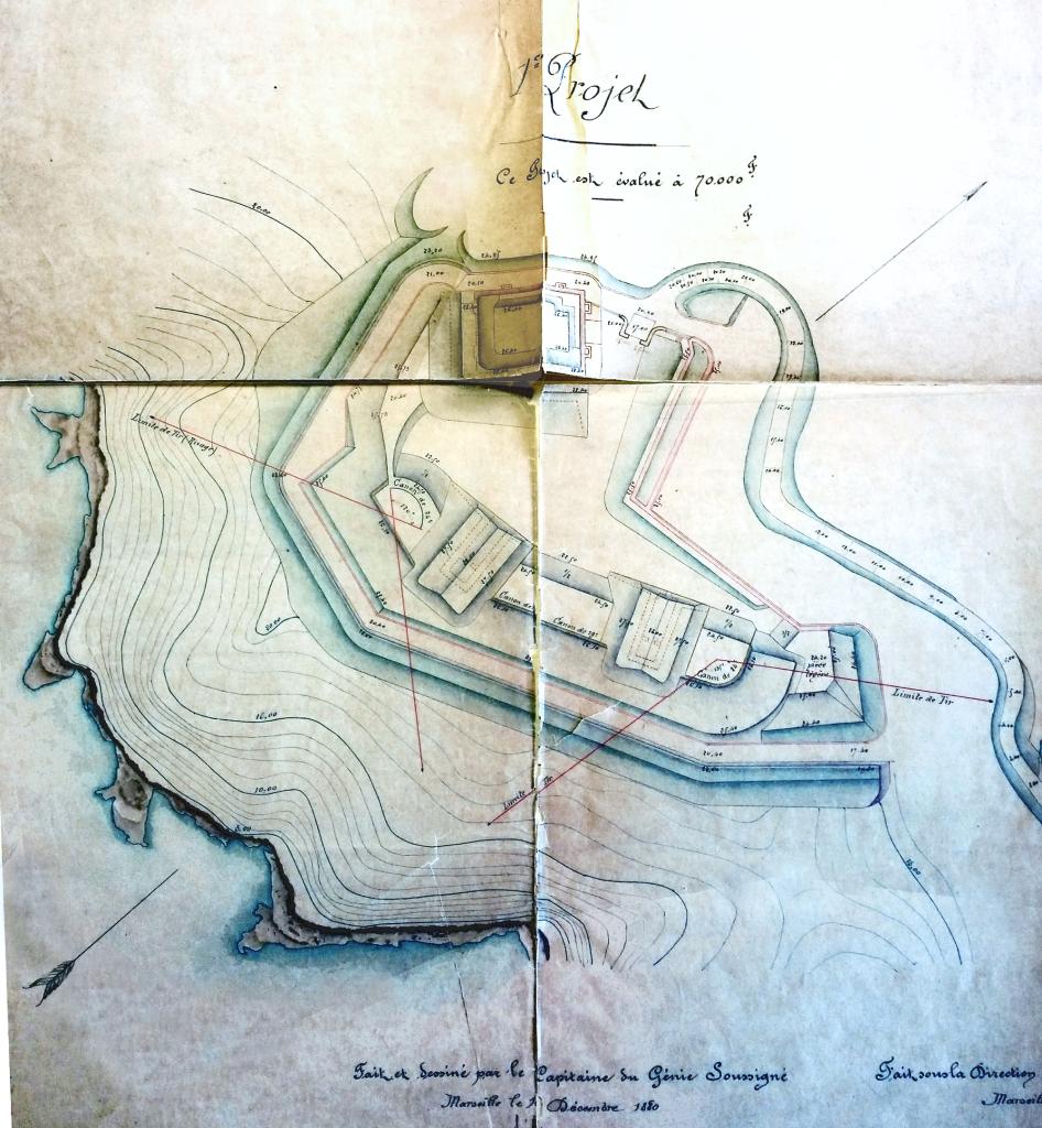 Projets pour 1881, fortifications. Réorganiser la batterie de Niolon [plans], 1880.