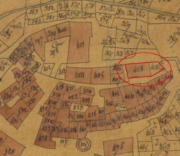 Plan de masse et de situation d'après le plan cadastral de 1823, section E2. Echelle d'origine 1/1250e.