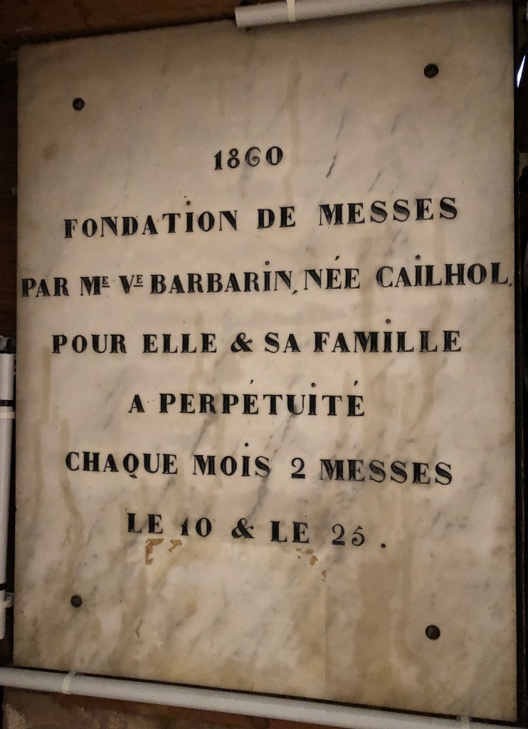 Plaque commémorative : plaque de fondation de messe
