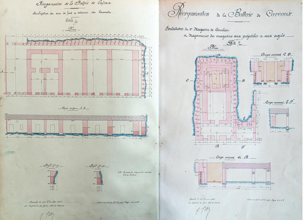 [Plans d'état de situation des travaux de réorganisation de la batterie de Caveaux, logis du gardien, caserne, magasins]. 1907-1908.