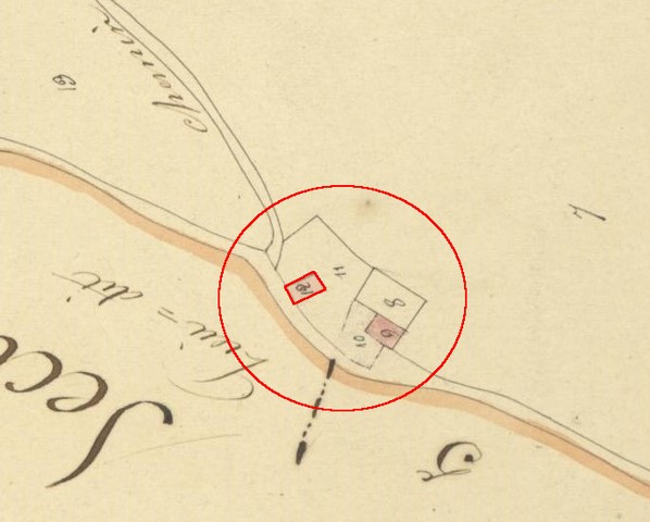 Plan de masse d'après le plan cadastral de 1839, section C4. Echelle d'origine 1/2000e.