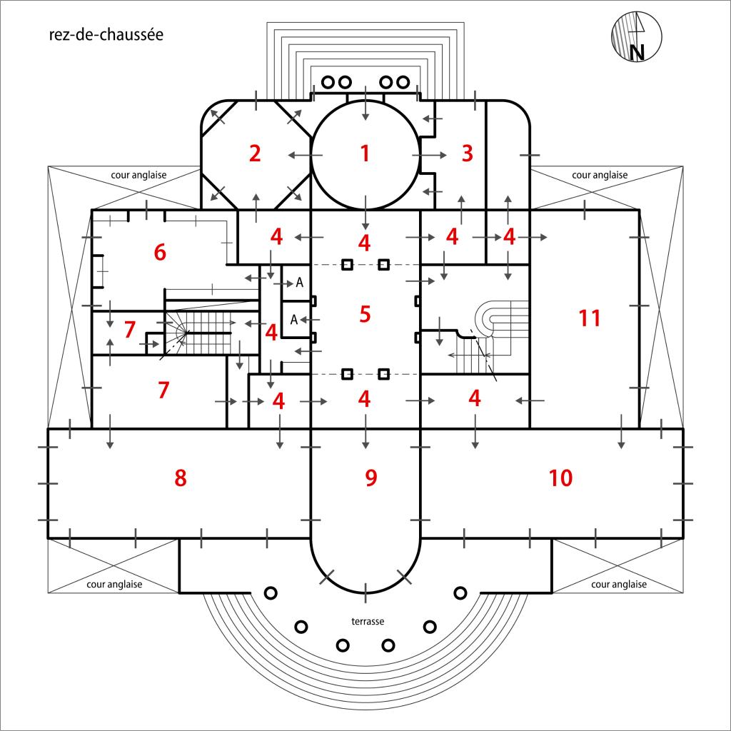 Plan schématique du rez-de-chaussée avec numérotation des pièces correspondant aux notes de terrain prises en 1995.