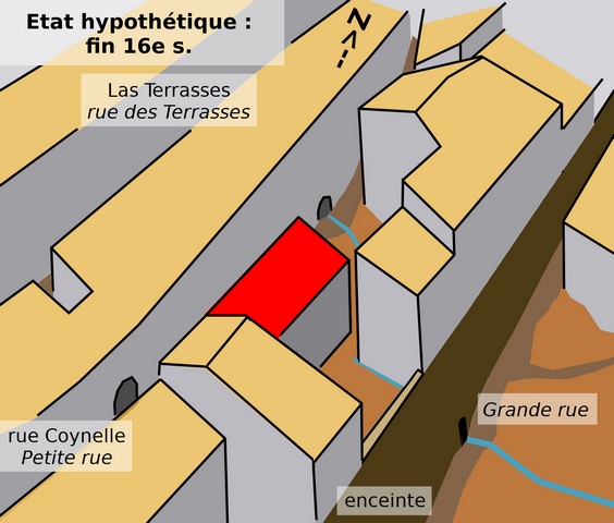 Le bâtiment dans son quartier, état hypothétique : fin 15e - début 16e siècle.