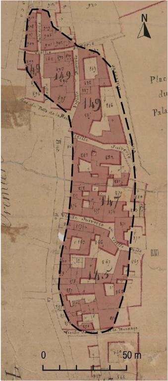 Plan de masse et de situation de la vieille juiverie d'après le cadastre d'Avignon, 1819 (section KK). Echelle d'origine 1/2500.