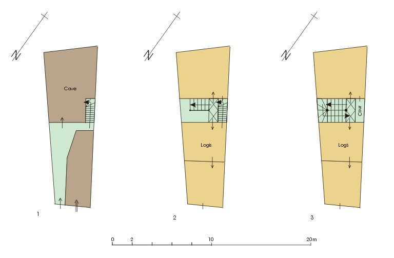 Immeuble rue du Mazeau. 1- Plan du rez-de-chaussée ; 2- Plan du 1er étage.