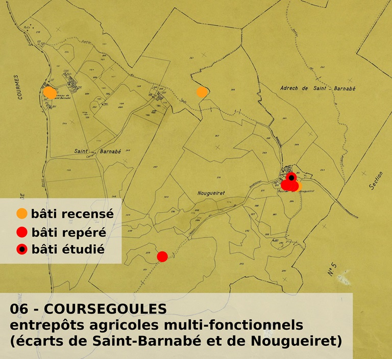 Localisation des entrepôts agricoles multifonctionnels recensés, repérés et étudiés aux écarts de Saint-Barnabé et de Nougueiret.