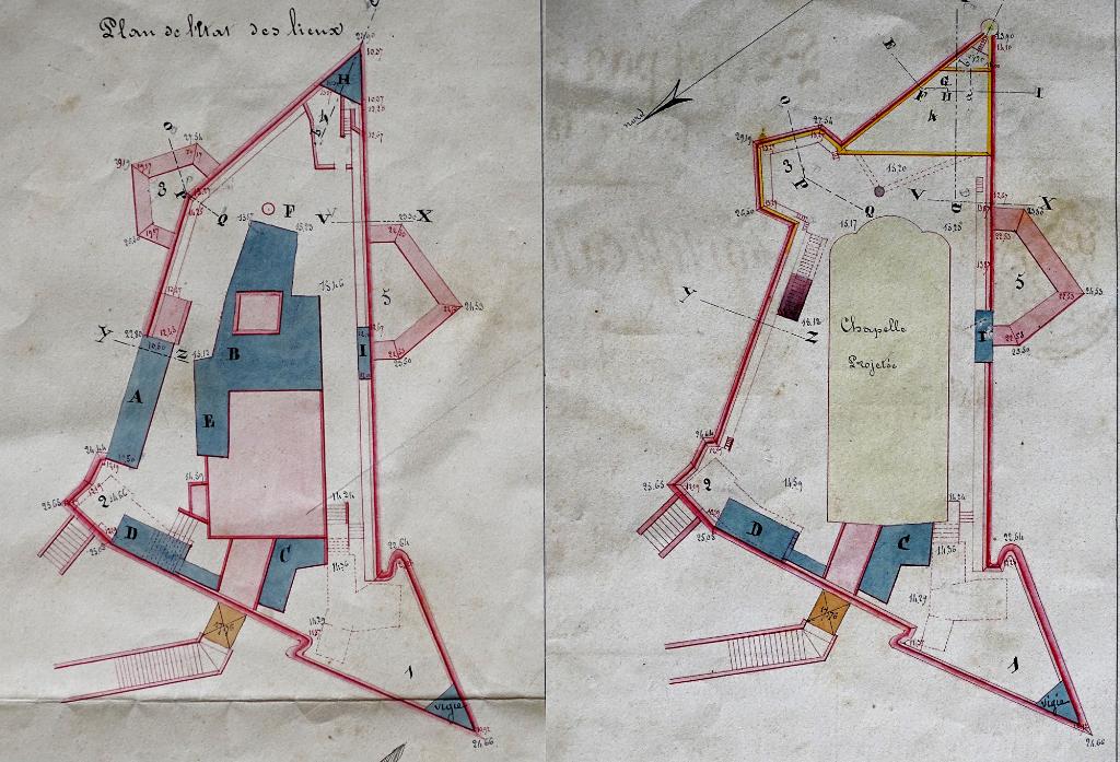 Projet par extraordinaire pour 1852 sur ND de la Garde, 1852. Détail : plan état des lieux et projet.