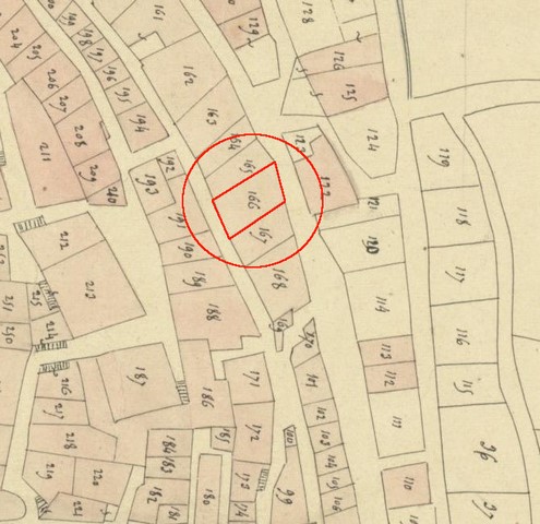 Plan de masse d'après le plan cadastral de 1839, section F1. Echelle d'origine 1/1000e.