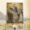 tableau : La Vierge et l'Enfant Jésus remettant le Rosaire à saint Dominique de Guzman et à sainte Catherine de Sienne