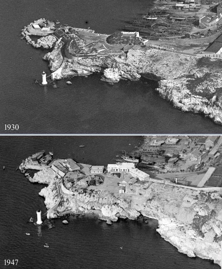 Montage photographique de deux vues aériennes obliques de la batterie basse du Pharo prises de l'ouest par l'IGN en 1930 et 1947.