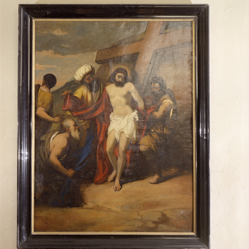tableau : Jésus dépouillé de ses vêtements au pied de la croix, cadre